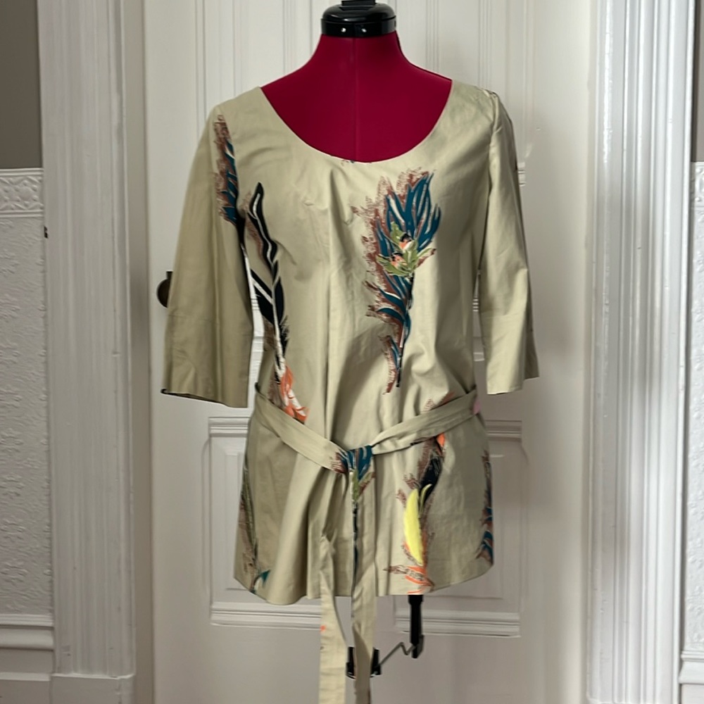 Marni Beige Waist-Tie Blouse with Multicolor Feather Motif